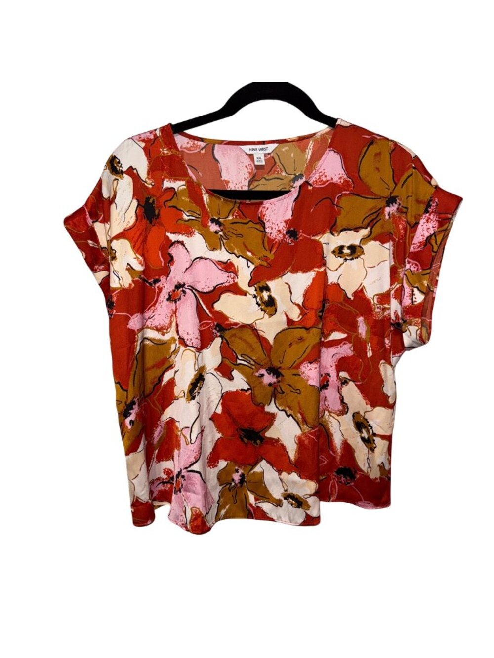 Nine West Womens Floral Print Short Sleeve Blouse XXL Multicolor Red Brown Pink